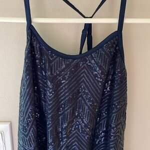 Emerald Sundae S Navy Zig Zag Geometric Blue Sequin Strappy Stretch Slip Dress